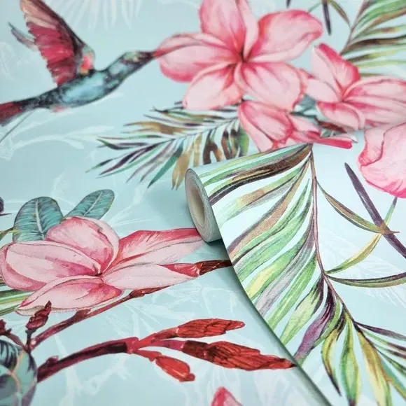 Botanical Wallpaper with Birds - Light Blue
