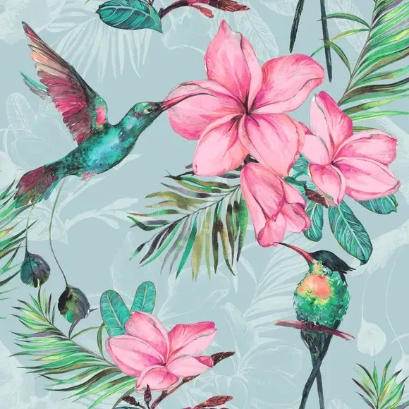 Botanical Wallpaper with Birds - Light Blue