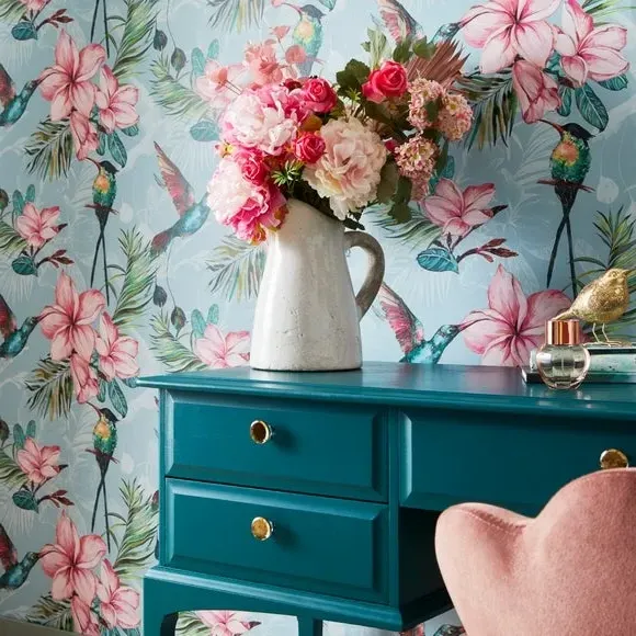Botanical Wallpaper with Birds - Light Blue