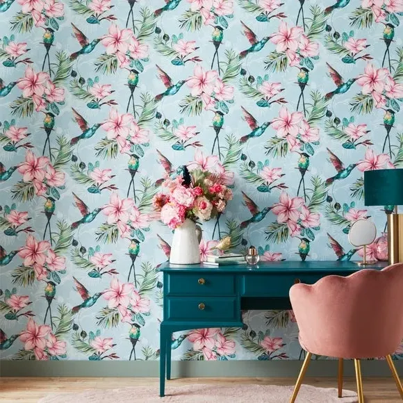 Botanical Wallpaper with Birds - Light Blue image