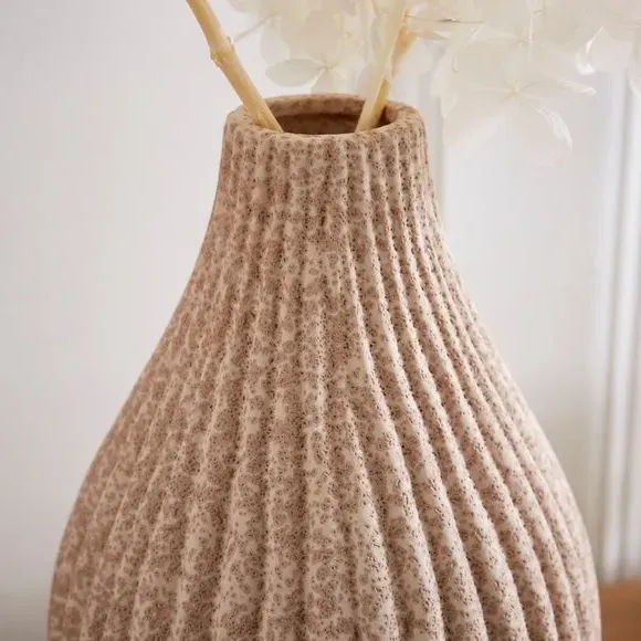 Bottle Vase with Ribbed Design - Pebble Stone