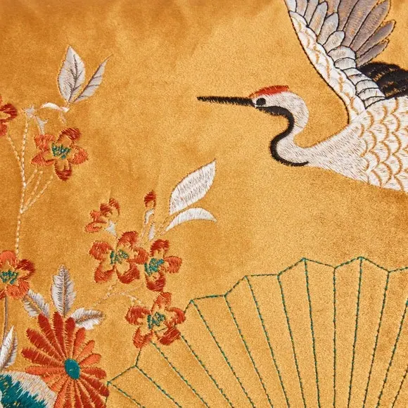 Boudoir Cushion Embroidered Crane - Gold, Velour