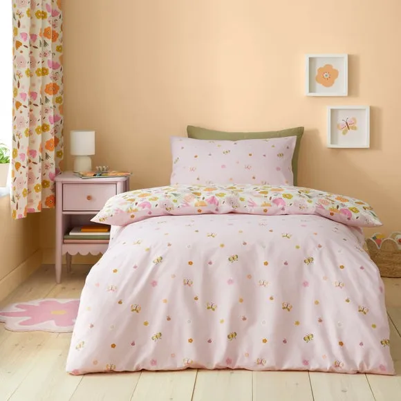 Butterfly Floral Duvet Cover Set - Pink, Cotton