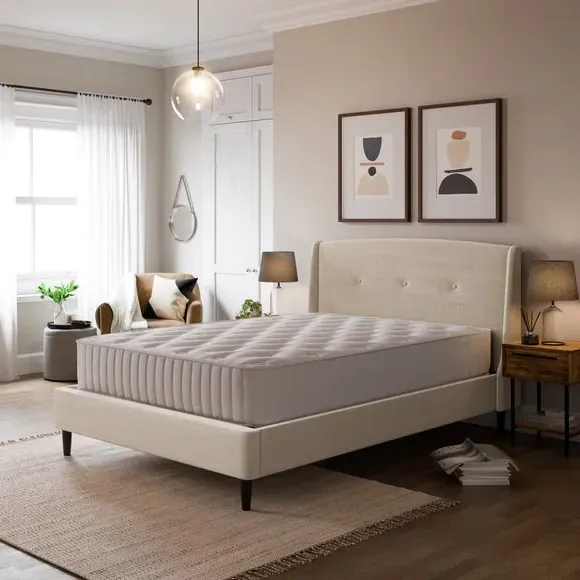 Buttoned Bed Frame - Natural, Woven Fabric