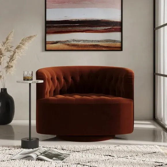 Buttoned Swivel Chair - Orange, Fabric