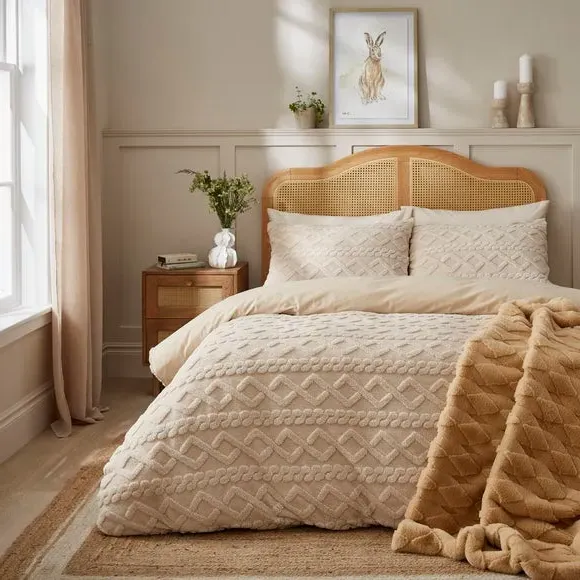 Cable Knit Duvet Cover Set - Cream, Sherpa