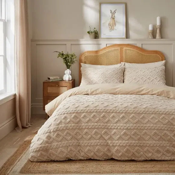 Cable Knit Duvet Cover Set - Cream, Sherpa