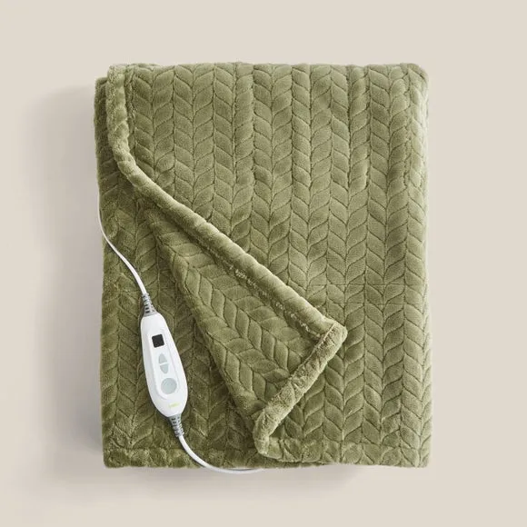 Cable Knit Electric Throw Blanket - Olive, Fleece