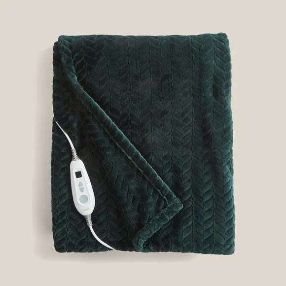 Cable Knit Electric Throw - Bottle Green, Fleece