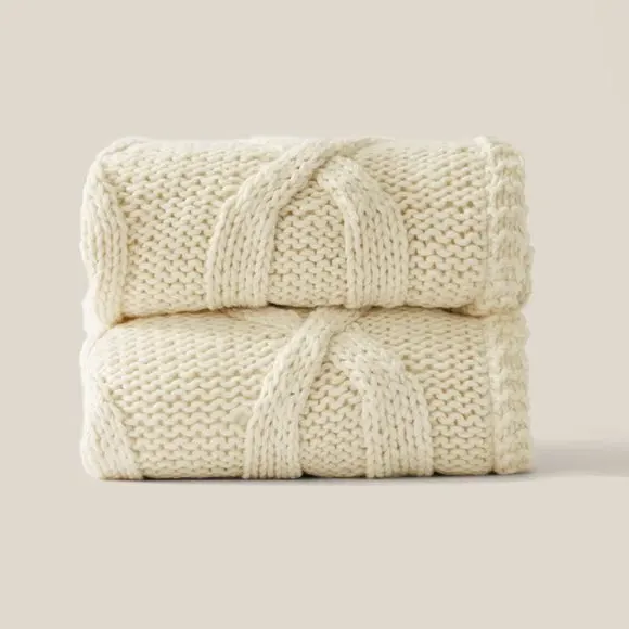 Cable Knit Throw Blanket - Cream, Sherpa