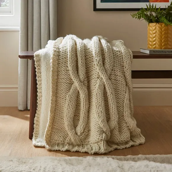 Cable Knit Throw Blanket - Cream, Sherpa image