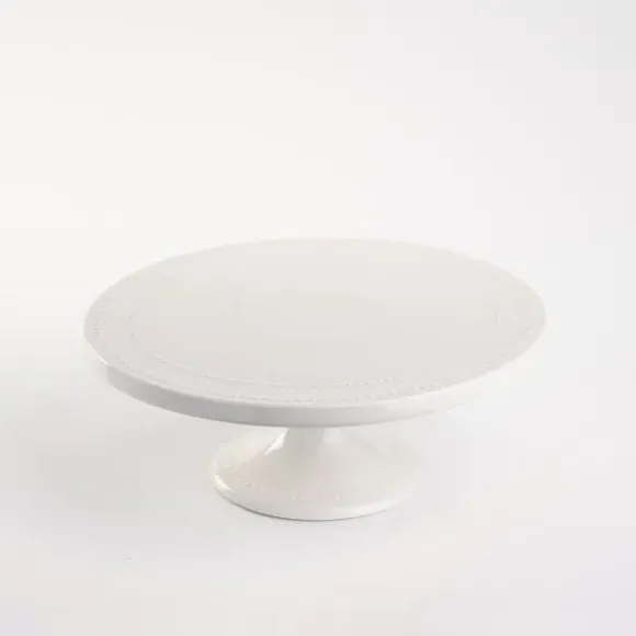 Cake Stand with Dotted Rim - White, Bone China