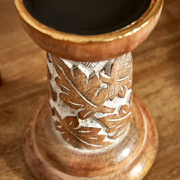 Carved Pillar Candle Holder - White, Mango Wood