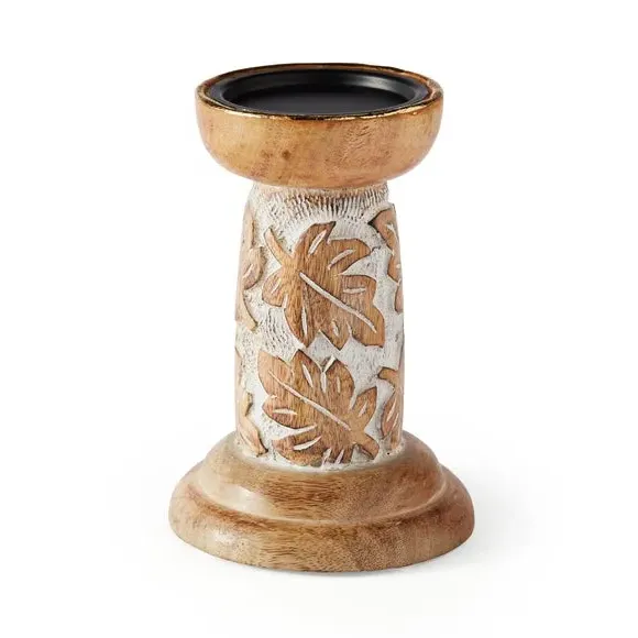 Carved Pillar Candle Holder - White, Mango Wood