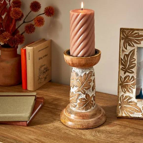 Carved Pillar Candle Holder - White, Mango Wood image