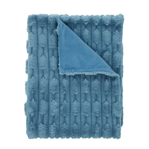 Carved Throw Blanket with Texture - Blue, Faux Fur