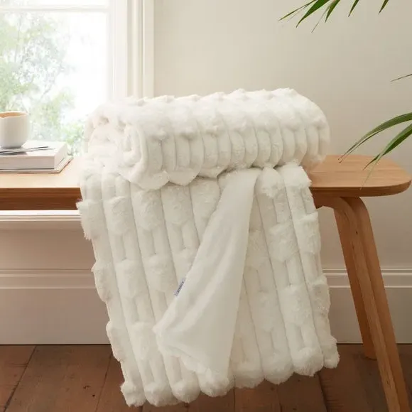 Carved Throw Blanket with Texture - Cream, Faux Fur