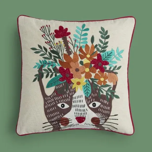 Cat Embroidered Cushion - Multicolor, Cotton