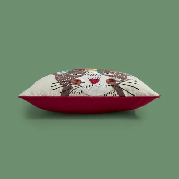 Cat Embroidered Cushion - Multicolor, Cotton