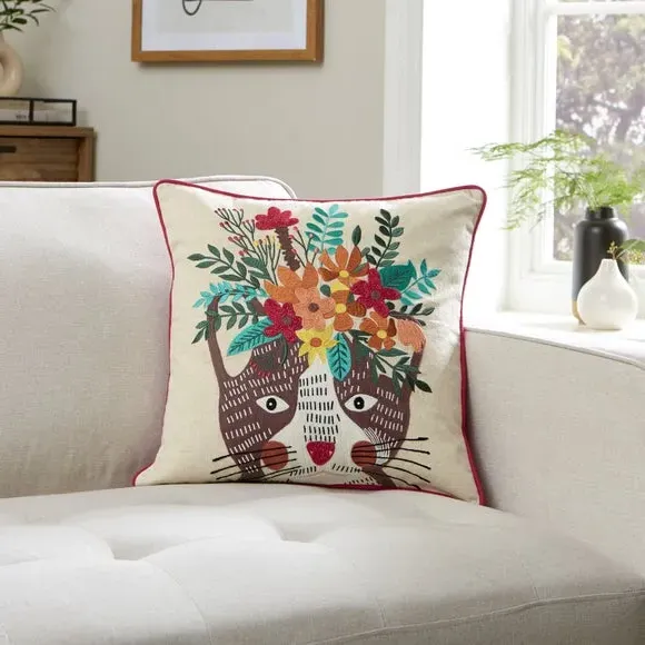Cat Embroidered Cushion - Multicolor, Cotton image