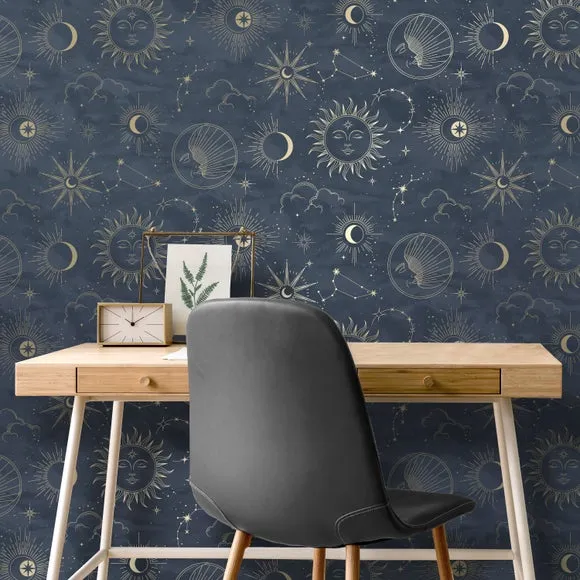 Celestial Wallpaper with Metallic Highlights - Navy