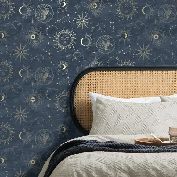 Celestial Wallpaper with Metallic Highlights - Navy