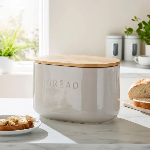 Ceramic Bread Bin with Bamboo Lid - Grey