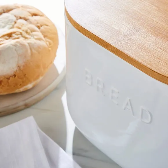 Ceramic Bread Bin with Bamboo Lid - White