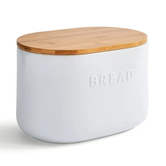 Ceramic Bread Bin with Bamboo Lid - White