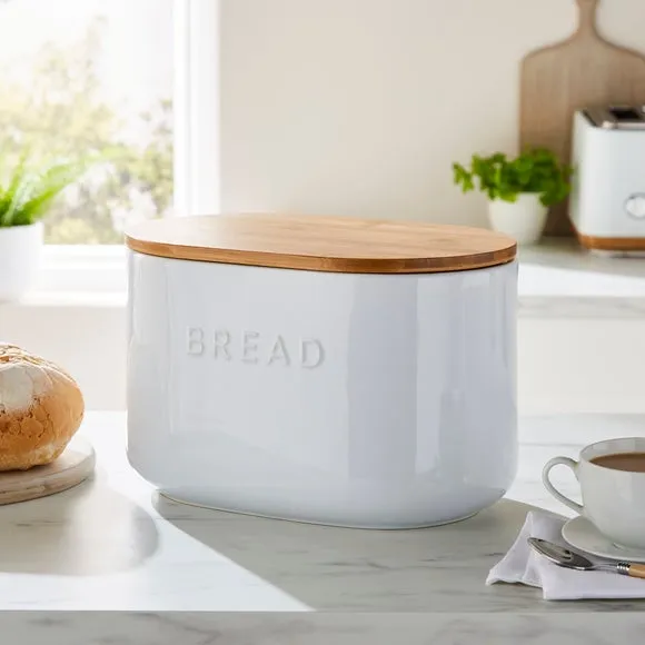 Ceramic Bread Bin with Bamboo Lid - White