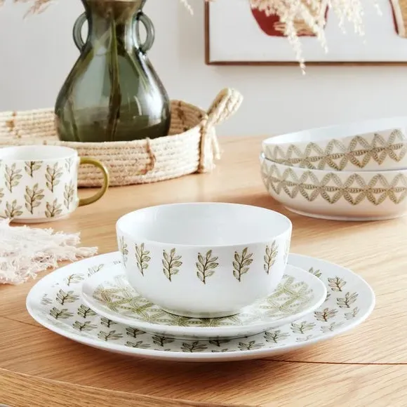 Cereal Bowl with Leaf Pattern - Green, Porcelain