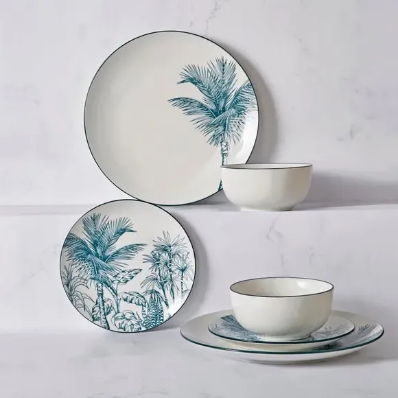 Cereal Bowl with Palm Design - Teal, Porcelain