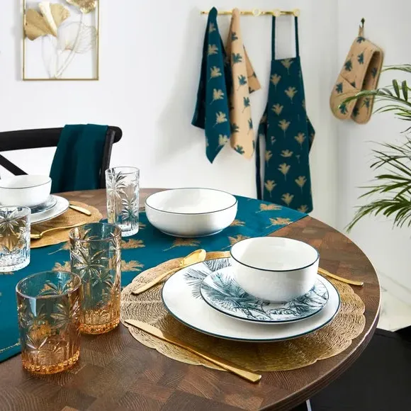 Cereal Bowl with Palm Design - Teal, Porcelain