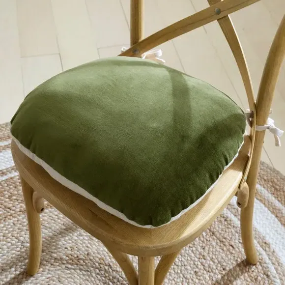 Chair Seat Pad with Ties - Olive, Cotton Velvet