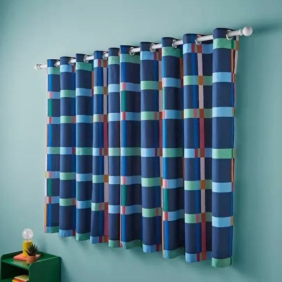 Check Blackout Eyelet Curtains - Blue, Polycotton
