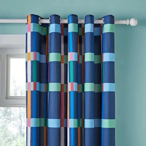 Check Blackout Eyelet Curtains - Blue, Polycotton