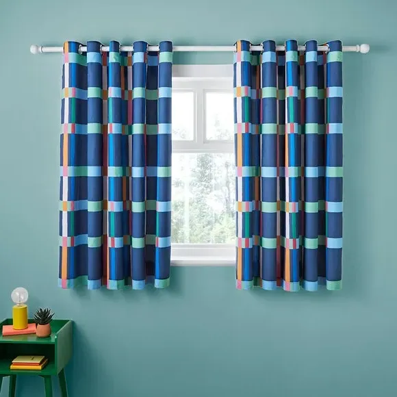 Check Blackout Eyelet Curtains - Blue, Polycotton image