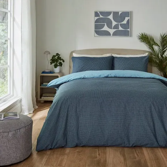 Check Duvet Cover & Pillowcase Set - Blue, Polycotton