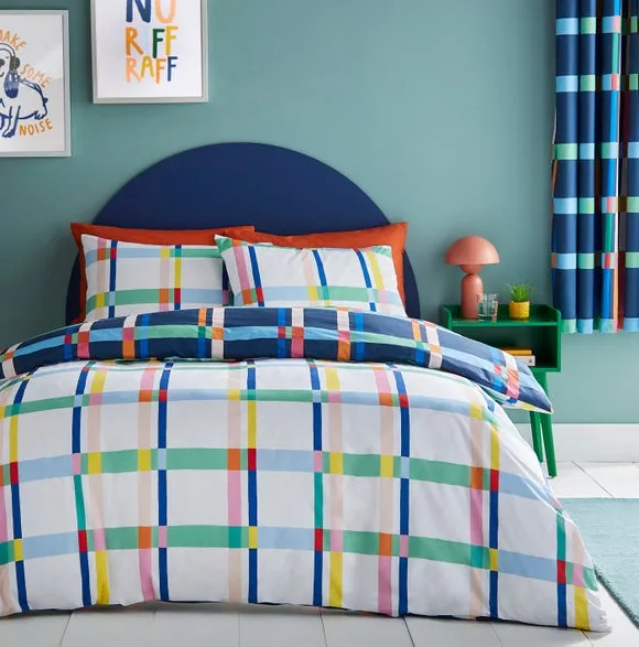 Check Duvet Cover & Pillowcase Set - Blue, Polycotton