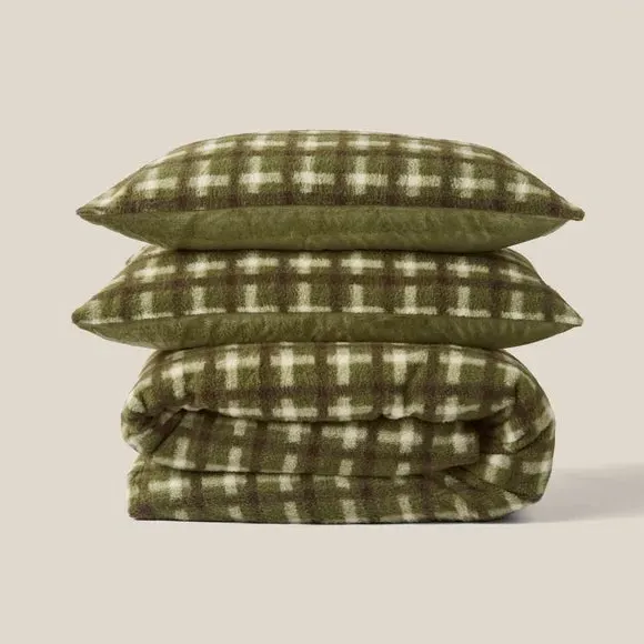 Check Duvet Cover Set - Green, Fleece