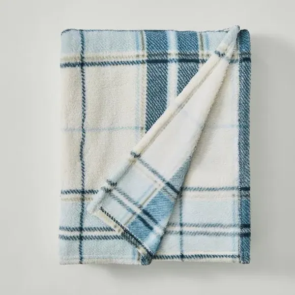 Check Fleece Throw Blanket - Duck Egg, Polyester