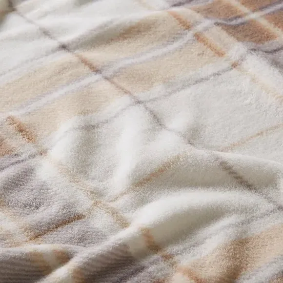 Check Fleece Throw Blanket - Natural, Polyester