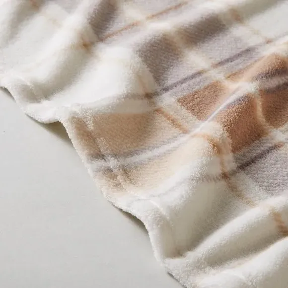 Check Fleece Throw Blanket - Natural, Polyester