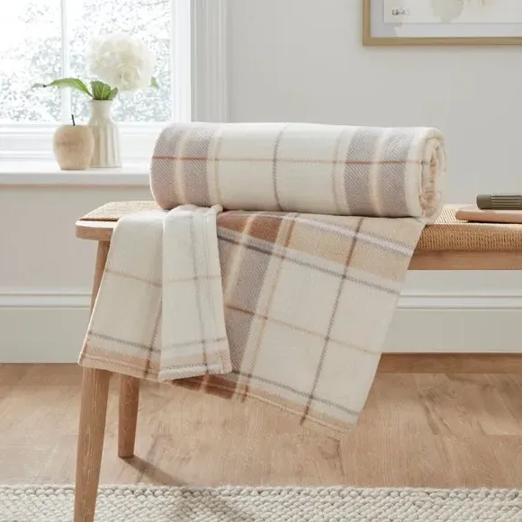 Check Fleece Throw Blanket - Natural, Polyester
