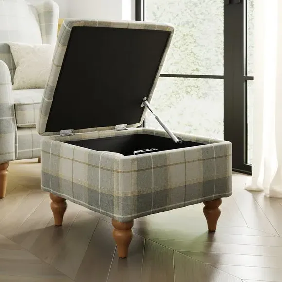 Check Footstool - Natural Grey, Fabric