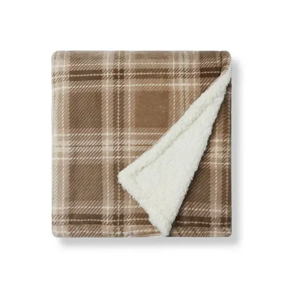 Check Sherpa Throw Blanket - Natural, Sherpa