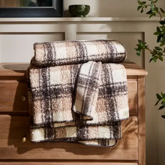 Check Throw Blanket - Natural, Sherpa