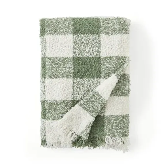 Check Throw Blanket - Sage, Boucle Polyester