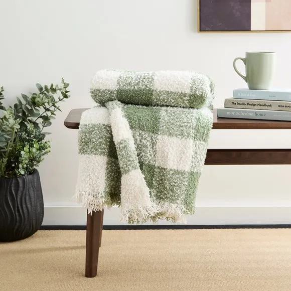 Check Throw Blanket - Sage, Boucle Polyester