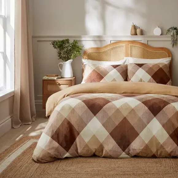 Checked Duvet Cover Set - Natural, Fleece